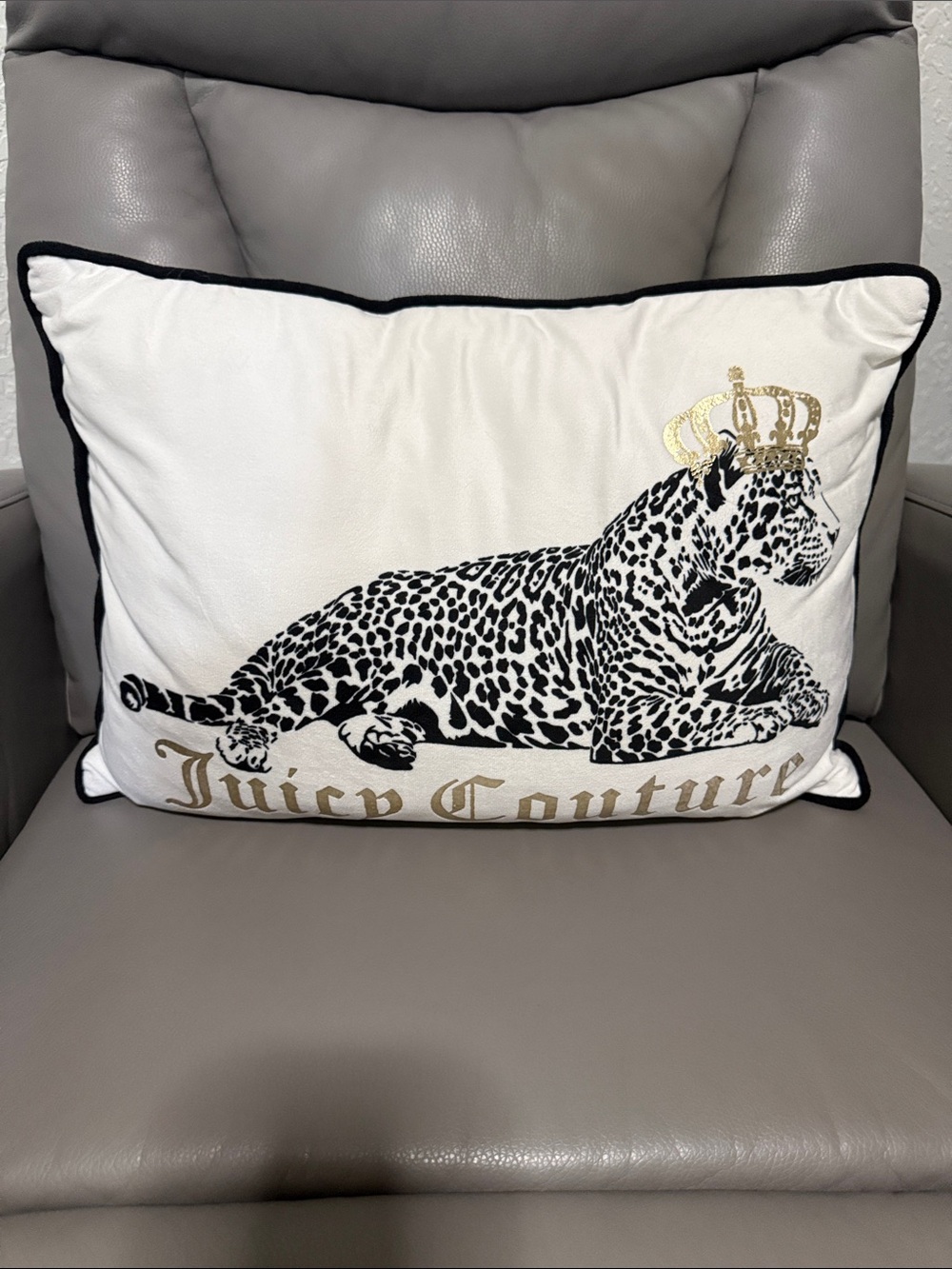 Juicy Couture White Pillow with Black Leopard Print and Gold Crown